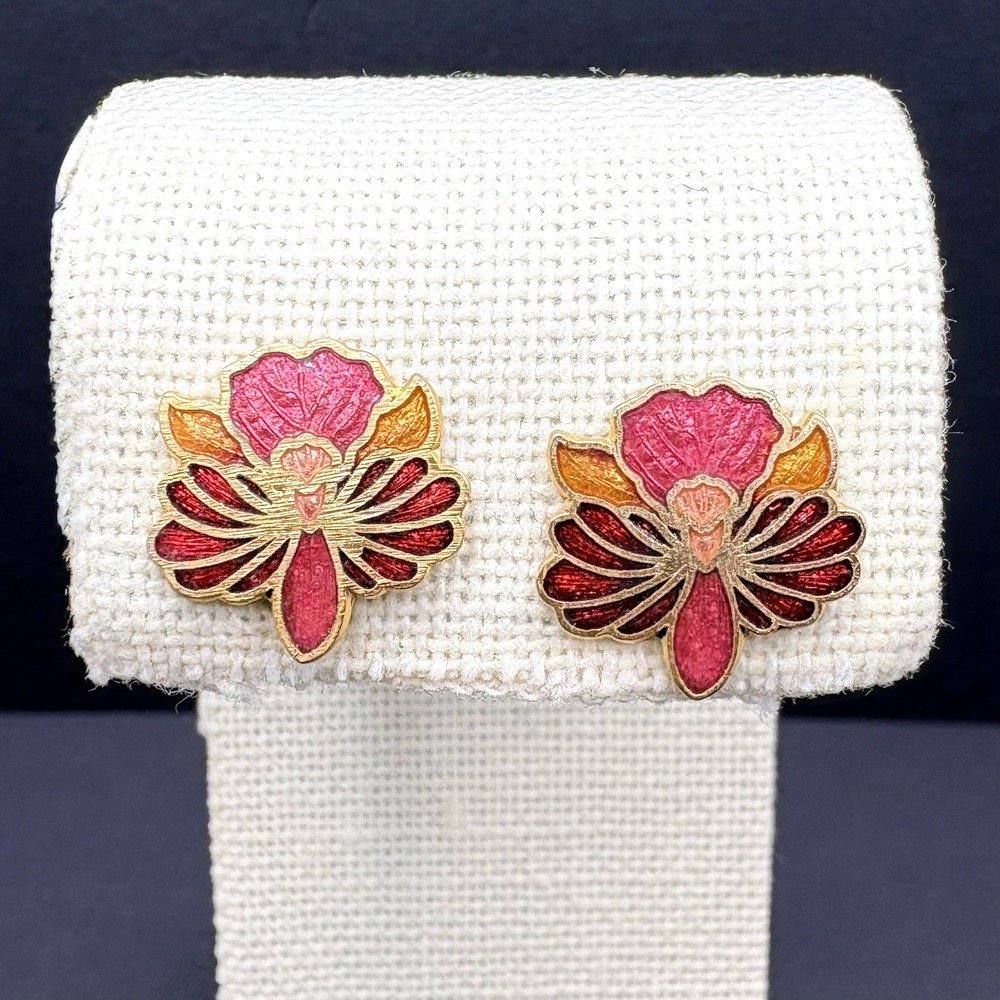 Vintage Cloisonné Enamel Orchid Flowers Pierced Post Earrings Dainty Floral